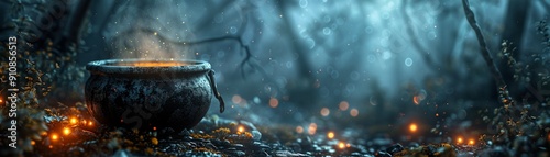 A black cauldron bubbling with a dark magic brew, set in a shadowy forest with glowing eyes peering from the darkness, realism, soft glow, high detail, spooky vibe 8K , high-resolution, ultra HD,up32K