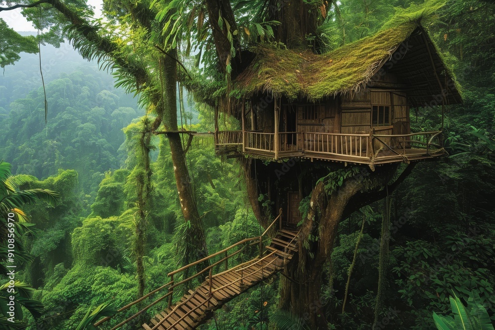 A tree house nestled in the heart of a lush green forest, surrounded by tall trees and vibrant foliage, Tree house in a verdant rainforest, AI Generated A tree house nestled in the heart of a lush green forest, surrounded by tall trees and vibrant foliage, Tree house in a verdant rainforest, AI Generated