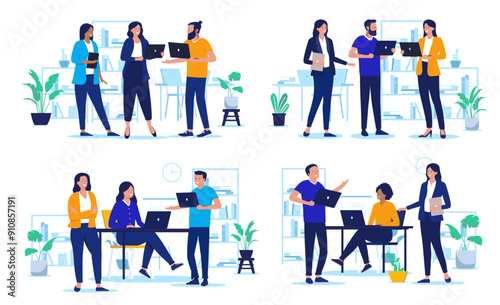 People working on computers vector collection - Set of illustrations with team of businesspeople using laptops working and talking together in office. Flat design graphics with white background