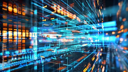 Abstract digital data network, flowing lines of information in blue and orange colors, futuristic technology and high-speed data transfer concept.