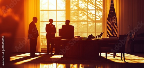 Silhouetted figures in a sunlit office create a dramatic atmosphere of power and decision-making.