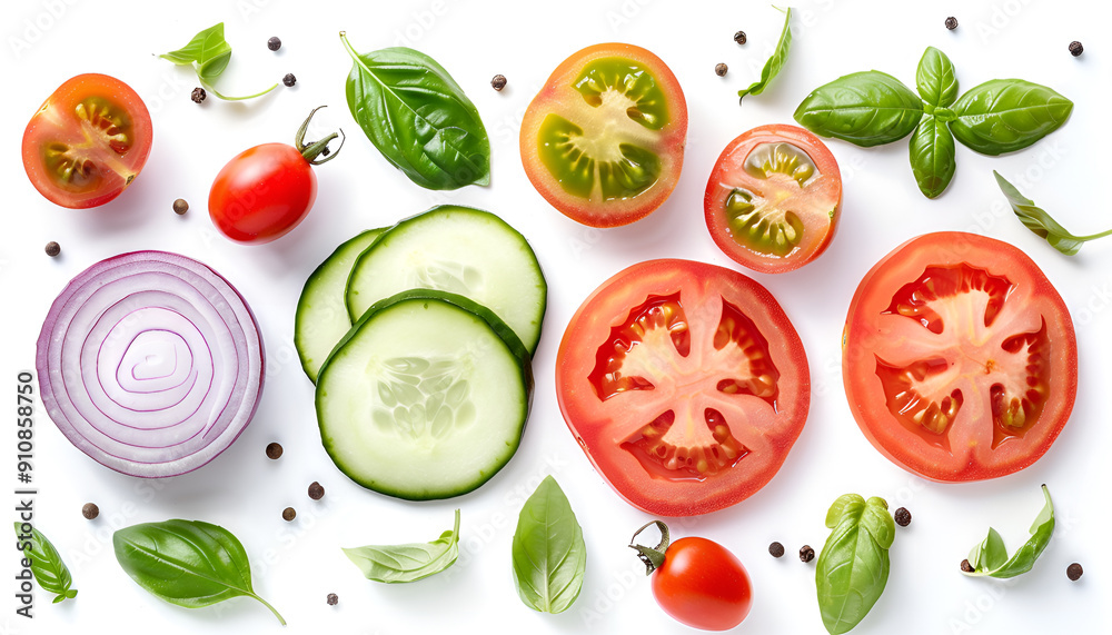 Creative layout made of tomato slice, onion, cucumber, basil leaves. Flat lay, top view. Food concept. Vegetables isolated on white background Creative layout made of tomato slice, onion, cucumber, basil leaves. Flat lay, top view. Food concept. Vegetables isolated on white background