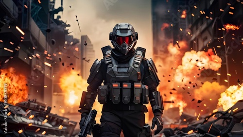 Armored soldier in intense combat zone with fire and explosions, action movie poster. Generative AI