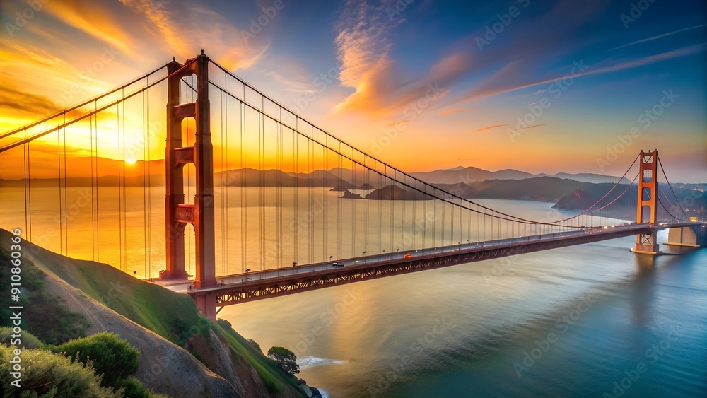 Obraz premium A Stunning Perspective of the Golden Gate Bridge Bathed in the Warm Glow of Sunrise Generative AI
