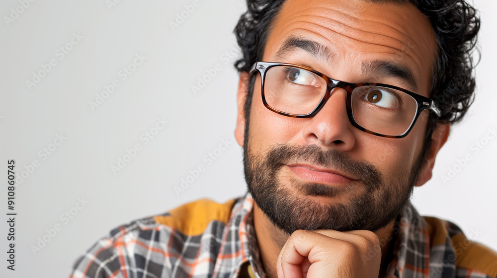 Man with glasses and a beard looking upwards thoughtfully, wearing a plaid shirt. The neutral background and his contemplative expression highlight his intellectual demeanor. Man with glasses and a beard looking upwards thoughtfully, wearing a plaid shirt. The neutral background and his contemplative expression highlight his intellectual demeanor.