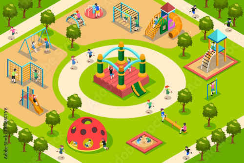 Isometric Map of Kids Playing in a Playground Vector Illustration