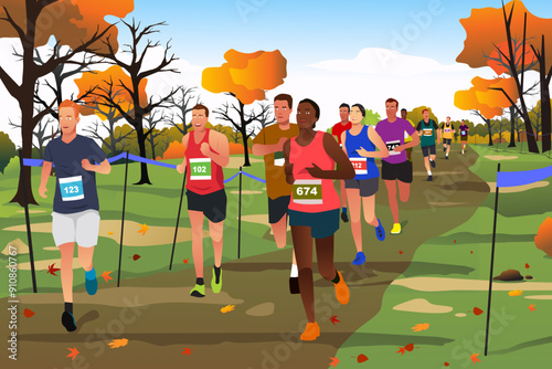 Cross Country Marathon Running Competition Vector Illustration