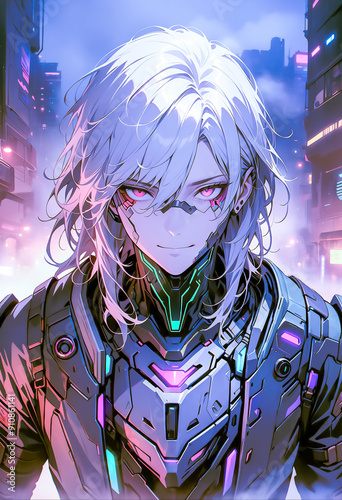 体が機械化した男がネオンが光る夜の街を歩いている,AI画像,Generative AI