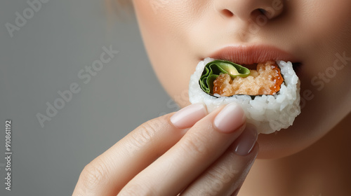 Close-Up of Woman's Mouth Eating Japanese food  Appetizing photo