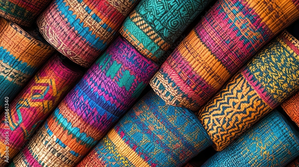 Woven fabric with colorful tribal patterns, earthy and cultural Woven fabric with colorful tribal patterns, earthy and cultural