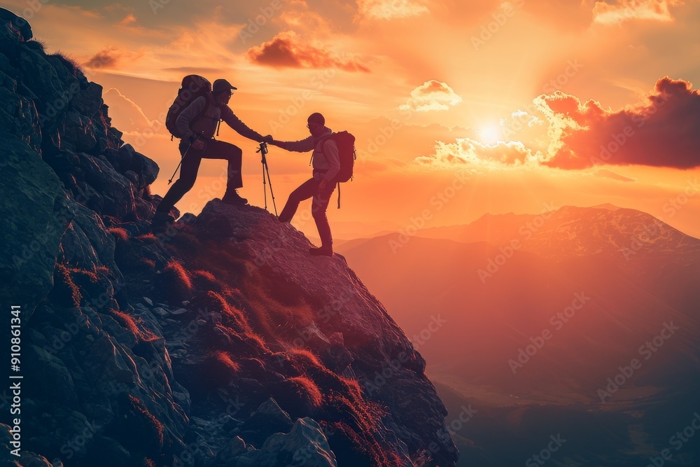 Two individuals standing on the peak of a mountain, enjoying the view and taking in the surroundings, Unity and strength shown as hiker helps a friend conquer a mountain, AI Generated Two individuals standing on the peak of a mountain, enjoying the view and taking in the surroundings, Unity and strength shown as hiker helps a friend conquer a mountain, AI Generated