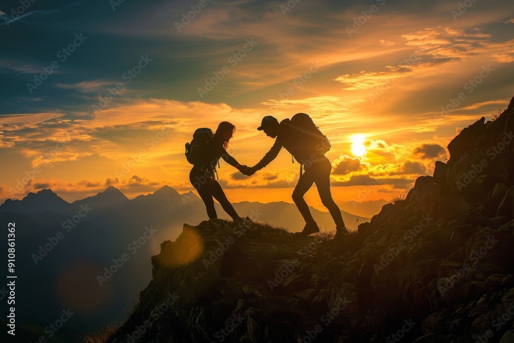 A couple stands triumphantly on the summit of a towering mountain, taking in the awe-inspiring view around them, Unity and strength shown as hiker helps a friend conquer a mountain, AI Generated A couple stands triumphantly on the summit of a towering mountain, taking in the awe-inspiring view around them, Unity and strength shown as hiker helps a friend conquer a mountain, AI Generated