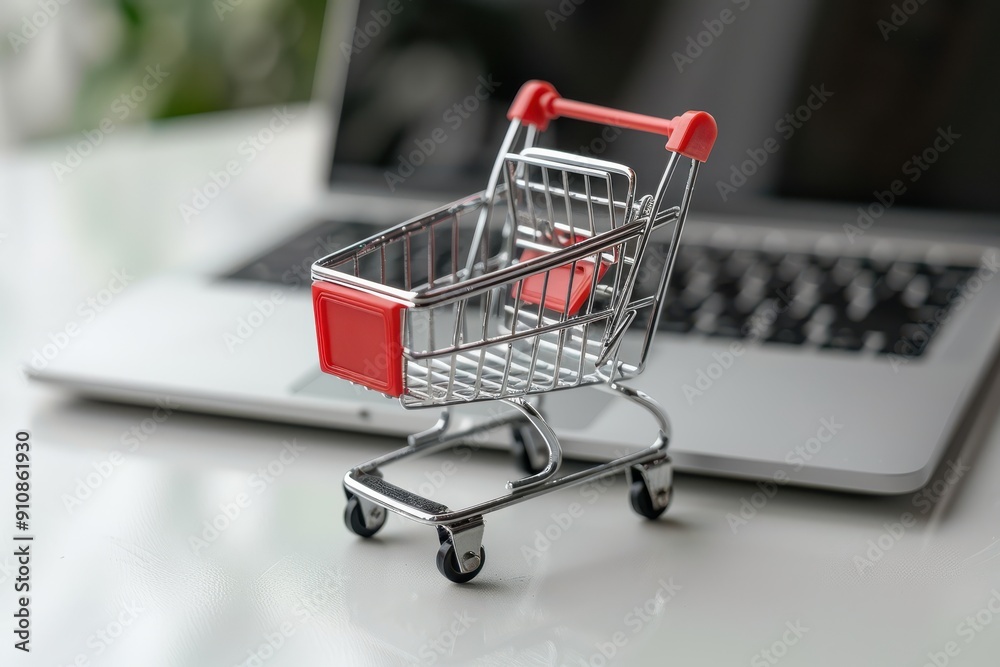 Online shopping concept with laptop and mini cart on blurry bright background Online shopping concept with laptop and mini cart on blurry bright background