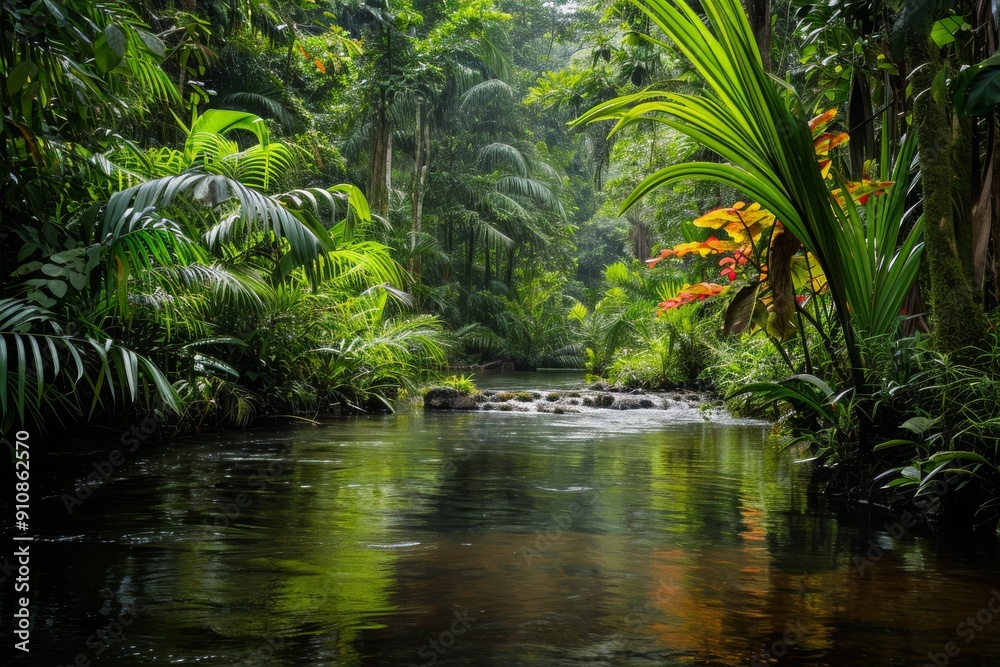 A river runs through a dense, vibrant green forest, showcasing the vibrant colors and natural beauty of the landscape, Variety of vibrant vegetation along a rainforest river, AI Generated A river runs through a dense, vibrant green forest, showcasing the vibrant colors and natural beauty of the landscape, Variety of vibrant vegetation along a rainforest river, AI Generated
