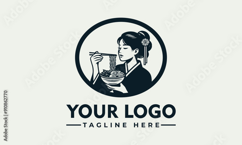 Woman with chopsticks eating ramen noodles vector illustration logo of a woman enjoying ramen noodles with chopsticks, perfect for food blogs, Asian cuisine websites, and restaurant menus.