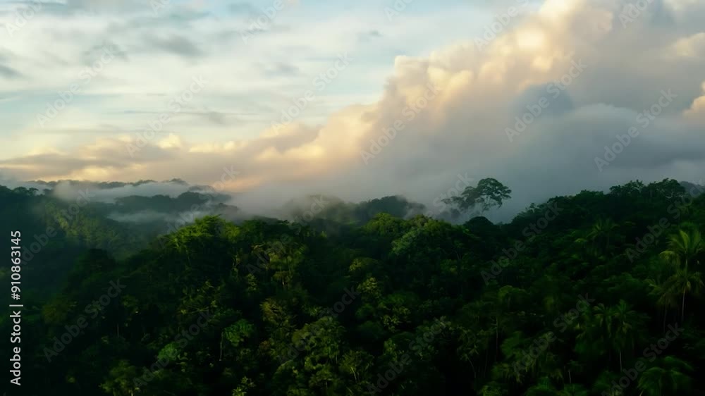 Early morning light shines on the jungle as mist envelops the treetops, creating a mystical atmosphere in the lush rainforest Early morning light shines on the jungle as mist envelops the treetops, creating a mystical atmosphere in the lush rainforest