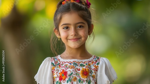 Young girl wearing a traditional embroidered blouse, celebrating Hispanic heritage and fashion