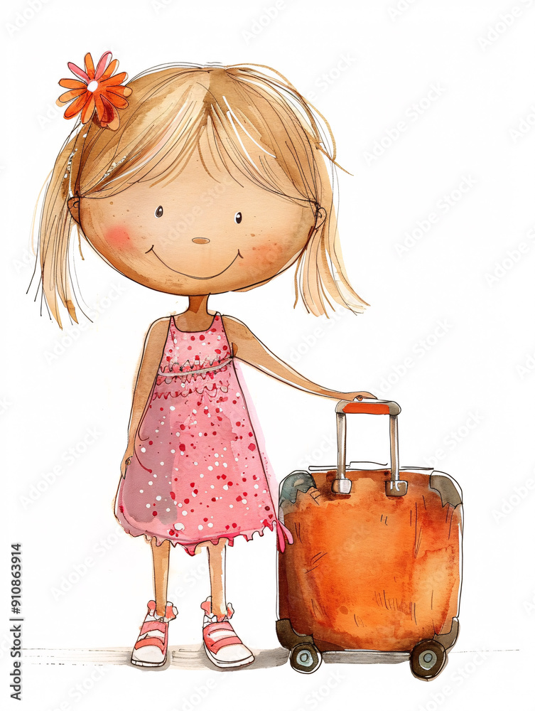 Illustrated Adorable Young Girl in Tropical Outfit with Suitcase, Embarking on a Summer Adventure Full of Joy and Enthusiasm Illustrated Adorable Young Girl in Tropical Outfit with Suitcase, Embarking on a Summer Adventure Full of Joy and Enthusiasm
