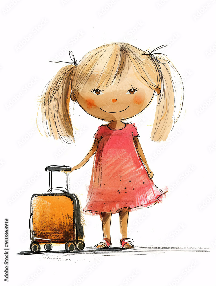 Illustrated Adorable Young Girl in Tropical Outfit with Suitcase, Embarking on a Summer Adventure Full of Joy and Enthusiasm