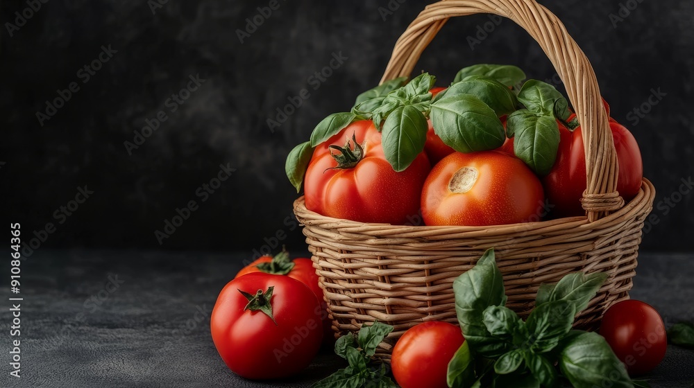 A basket of tomatoes with a variety of ripeness levels, surrounded by fresh herbs, against a dark, moody background A basket of tomatoes with a variety of ripeness levels, surrounded by fresh herbs, against a dark, moody background