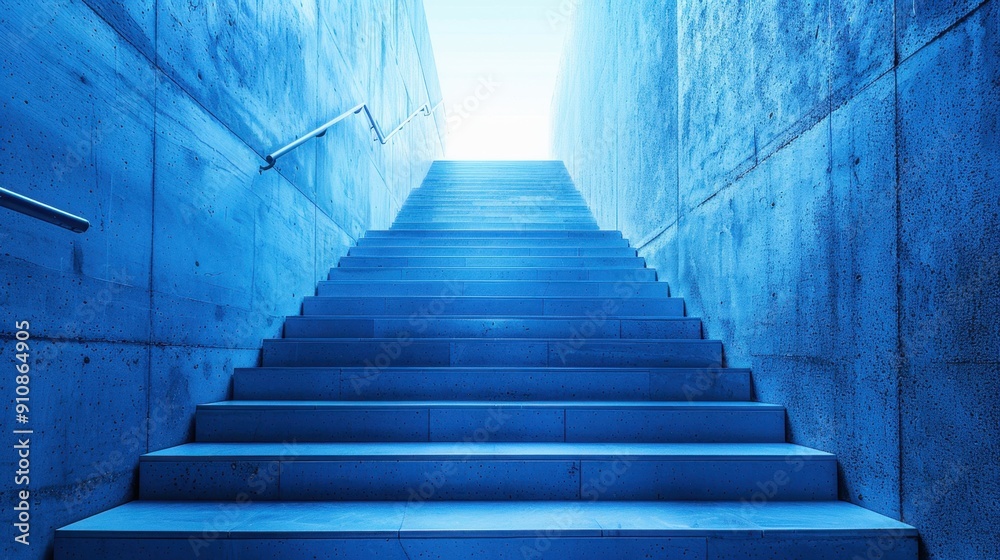 Fototapeta premium Abstract image of a blue stairway leading to a bright light, symbolizing hope and progress in a modern setting.