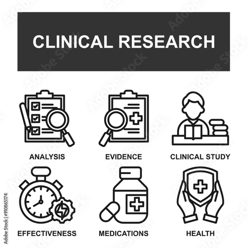 Clinical research banner web icon set vector illustration concept with icon of analysis, evidence, clinical study, effectiveness, medications and health icons symbol live stroke, pixel perfect.