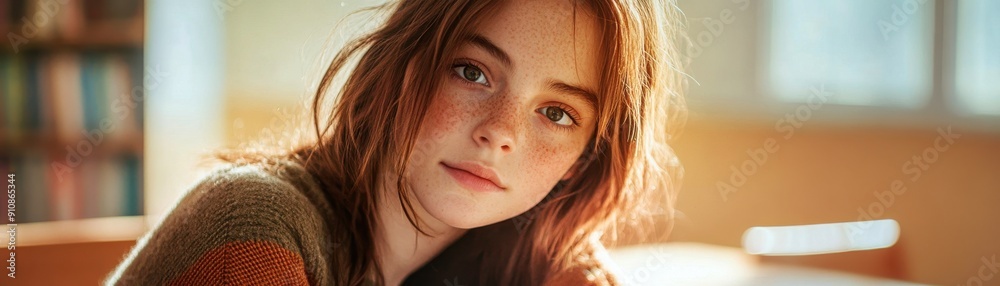 A thoughtful young woman gazes softly, illuminated by warm sunlight, conveying a sense of curiosity and introspection in a cozy setting. A thoughtful young woman gazes softly, illuminated by warm sunlight, conveying a sense of curiosity and introspection in a cozy setting.