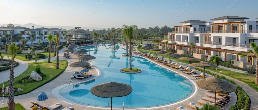 Fototapeta premium Luxurious resort with modern villas, spacious pool, and lush surroundings, perfect for a relaxing vacation or tropical getaway.