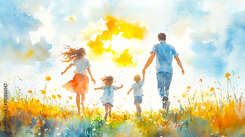 Happy Family Day Out: Vibrant Watercolor Illustration of Joyful Family Enjoying Sunny Park Day