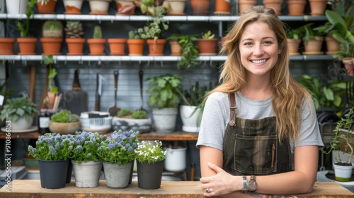 Smiling woman standing in a plant nursery, surrounded by potted plants and greenery, showcasing her gardening business or hobby.