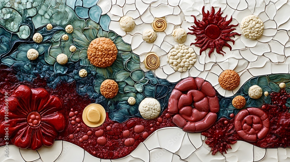 Collage depicting anemia with an array of body cells, focusing on the lack of red blood cells on a richly detailed backdrop Collage depicting anemia with an array of body cells, focusing on the lack of red blood cells on a richly detailed backdrop