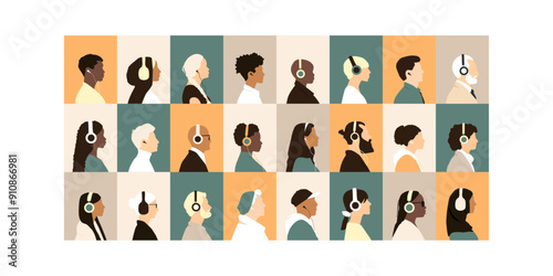 Different people with headphones. Modern colorful design.