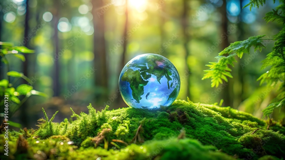 A vibrant blue and green globe radiates warmth and life in a serene forest setting. AI generated A vibrant blue and green globe radiates warmth and life in a serene forest setting. AI generated