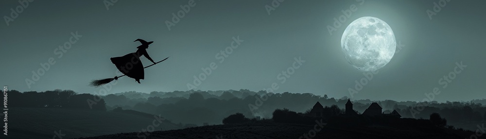 An eerie night scene with a witch flying on her broomstick over a haunted village, realism, moonlit sky, high detail, spooky and enchanting vibe An eerie night scene with a witch flying on her broomstick over a haunted village, realism, moonlit sky, high detail, spooky and enchanting vibe