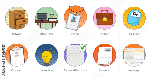 A set of 10 Mix icons as drawers, office table, id card