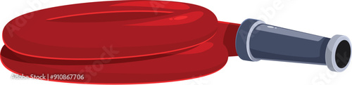 Red fire hose coiled up lying on the ground, fire safety and firefighting equipment for extinguishing fire