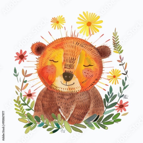 A bear and the honey, playful scene, cartoon style, bright colors, isolated on white background, clipart, watercolor clipart, isolated on white background photo