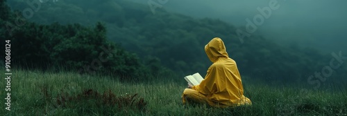 A person in a yellow raincoat sits reading a book in a misty meadow, surrounded by distant forested hills, embodying serenity and solitude. photo