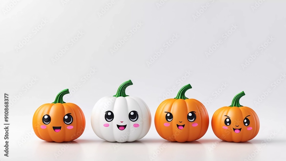 3D small kawaii pumpkins with different facial expressions , arranged in a row, white background 3D small kawaii pumpkins with different facial expressions , arranged in a row, white background