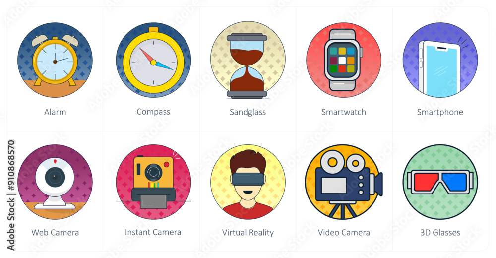 A set of 10 Mix icons as alarm, compass, sandglass A set of 10 Mix icons as alarm, compass, sandglass