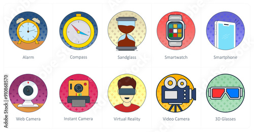 A set of 10 Mix icons as alarm, compass, sandglass