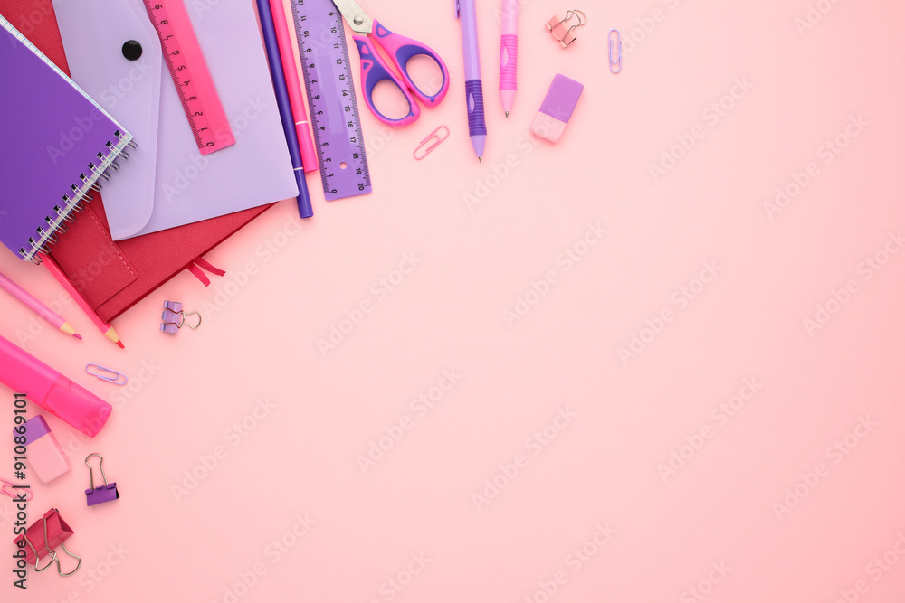 Vibrant pink-themed school supplies on pastel background. Perfect for educational content and back-to-school promotions