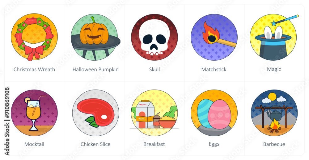 A set of 10 Mix icons as christmas wreath, halloween pumpkin, skull