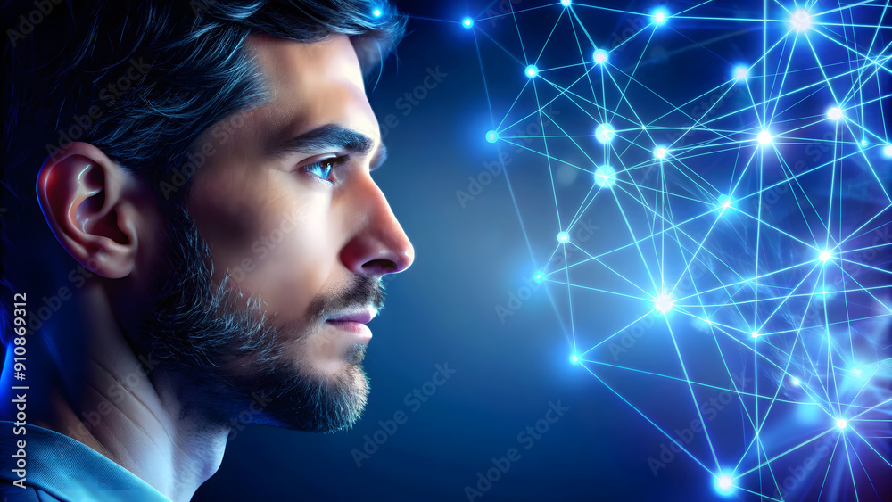 Tech Specialist looking at Complex Network Nodes in front of him, hologram of technology Tech Specialist looking at Complex Network Nodes in front of him, hologram of technology