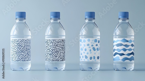 Flatlay mockup of water bottle labels with creative generative AI patterns, set against a minimalist background photo