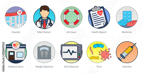 A set of 10 Mix icons as hospital, male doctor, life saver