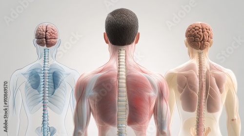 Anatomical Illustration of Human Back Showing Muscles, Spine, and Brain photo