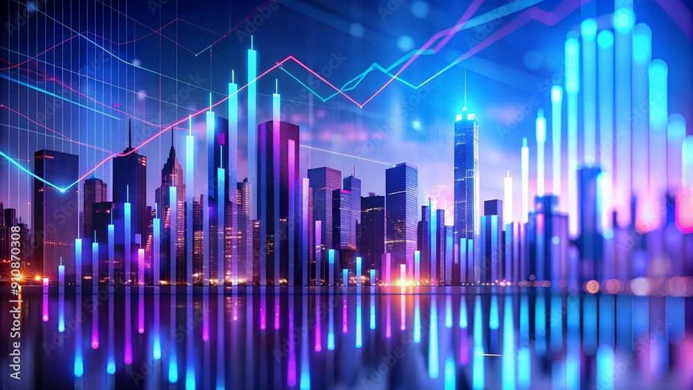 Abstract Futuristic Vision of Financial Analysis: Glowing Bars in Neon Blue and Purple against a Blurred Cityscape AI Generated Abstract Futuristic Vision of Financial Analysis: Glowing Bars in Neon Blue and Purple against a Blurred Cityscape AI Generated