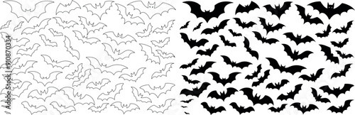 Bat silhouette and bats line art vector for Halloween decor. Black bat outline illustration. Spooky bats swarm design