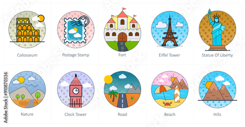 A set of 10 Mix icons as colosseum, postage stamp, fort